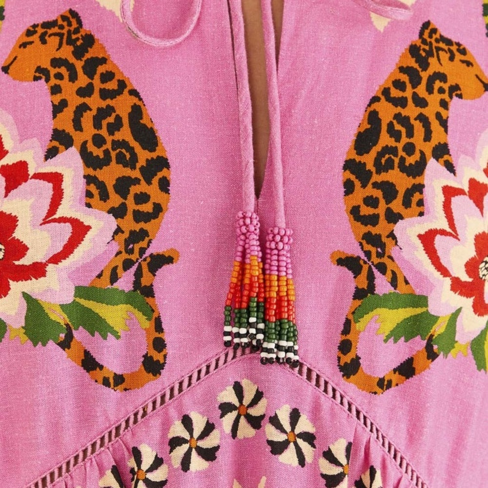 NEW FARM Rio Pink Leopard Forest Mini Dress Linen Blend Beaded Tassels Flowy XL - Picture 4 of 15